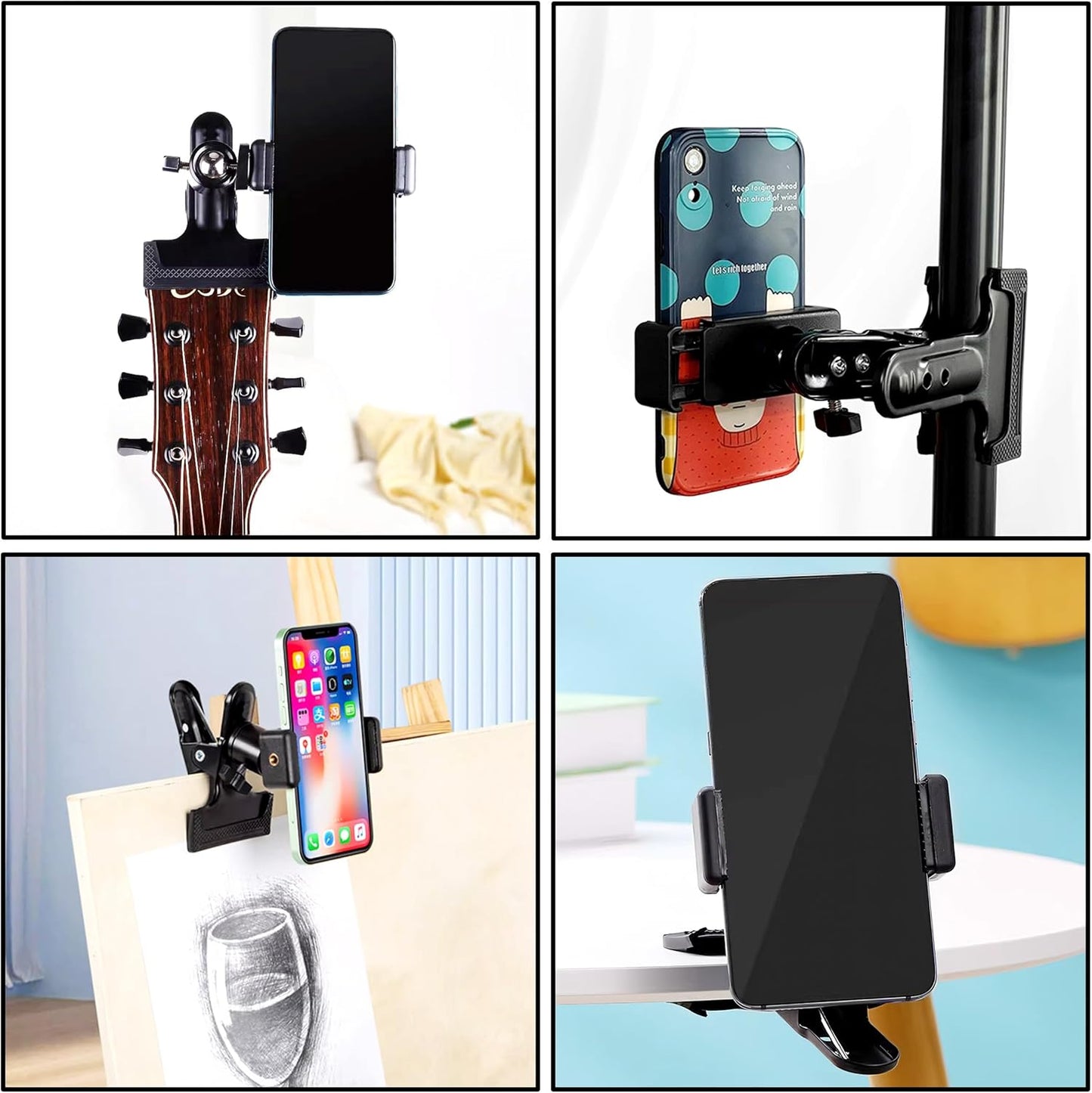 LMS Guitar Phone Mount, Black, Clamp Mount, Clip On, 360 Rotating Ball Head, Suitable for 5.5Cm-7.5Cm Mobile Phones, Versatile Functionality, Multipurpose Use