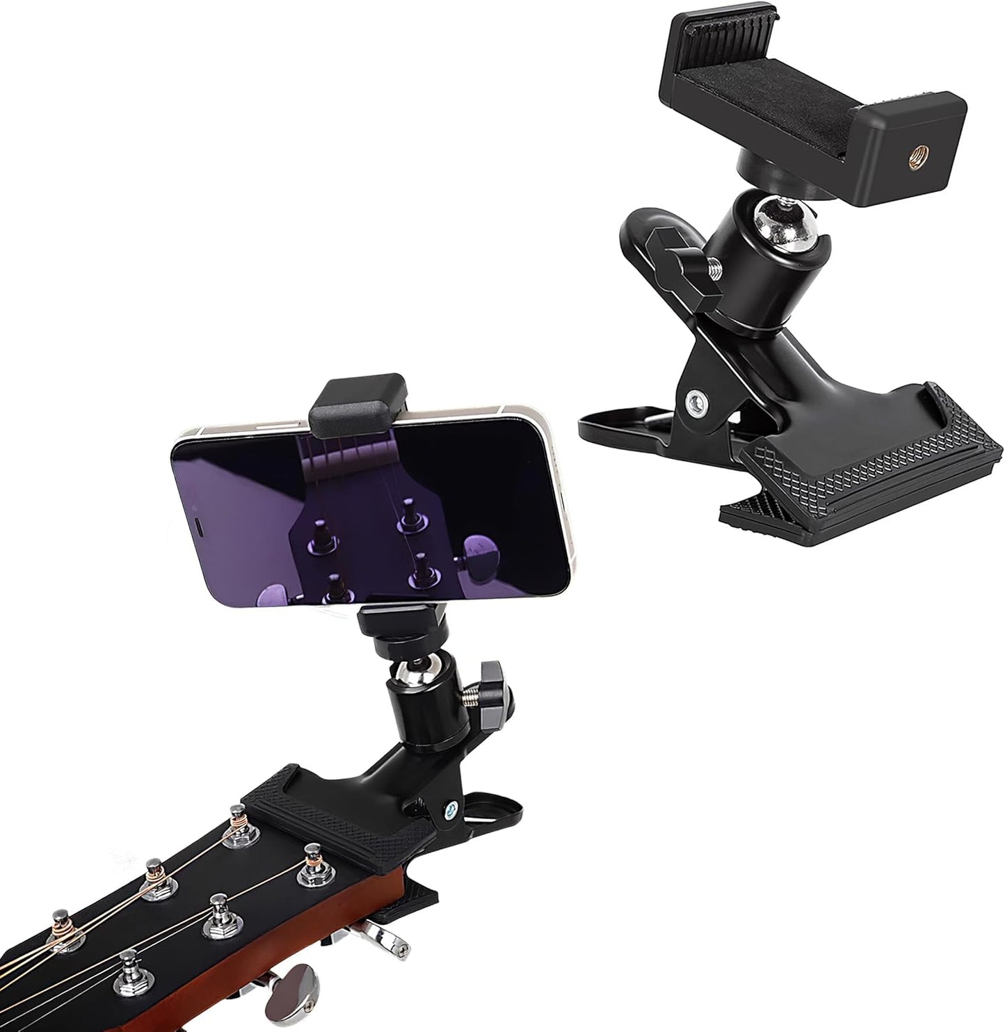 LMS Guitar Phone Mount, Black, Clamp Mount, Clip On, 360 Rotating Ball Head, Suitable for 5.5Cm-7.5Cm Mobile Phones, Versatile Functionality, Multipurpose Use